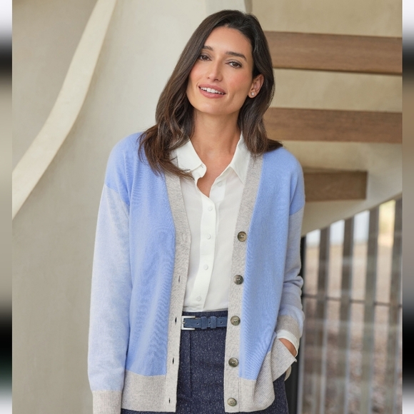 Pure Collection NWTs Cashmere Color Block V Neck  Cardigan - Picture 4 of 8